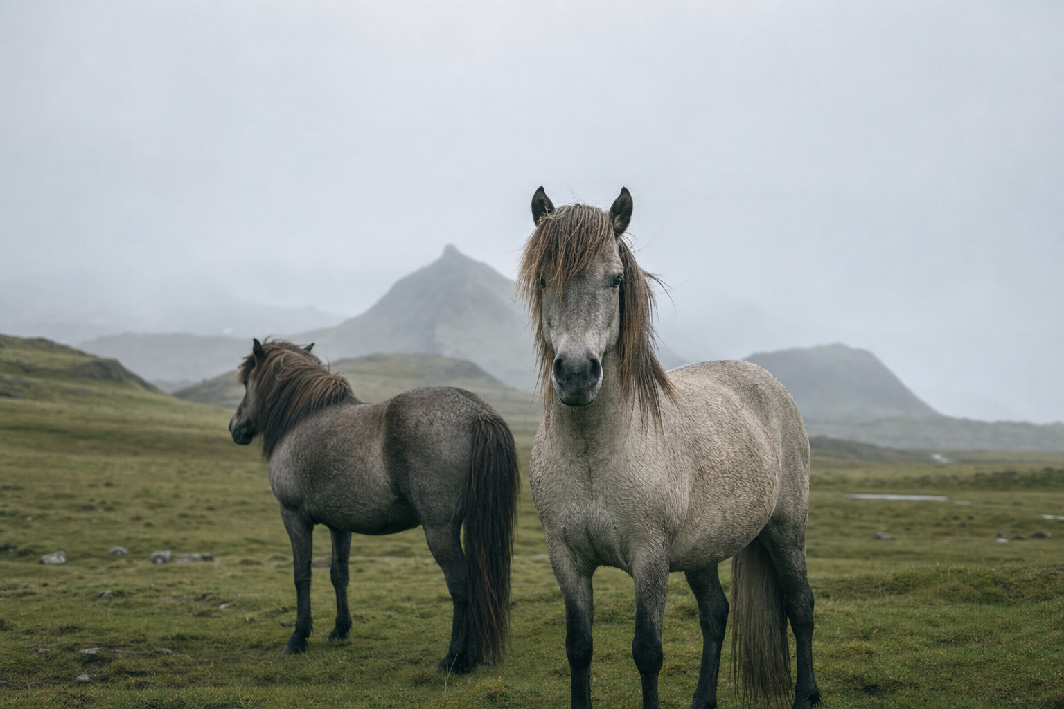 Icelandic horses standing in a misty northern landscape