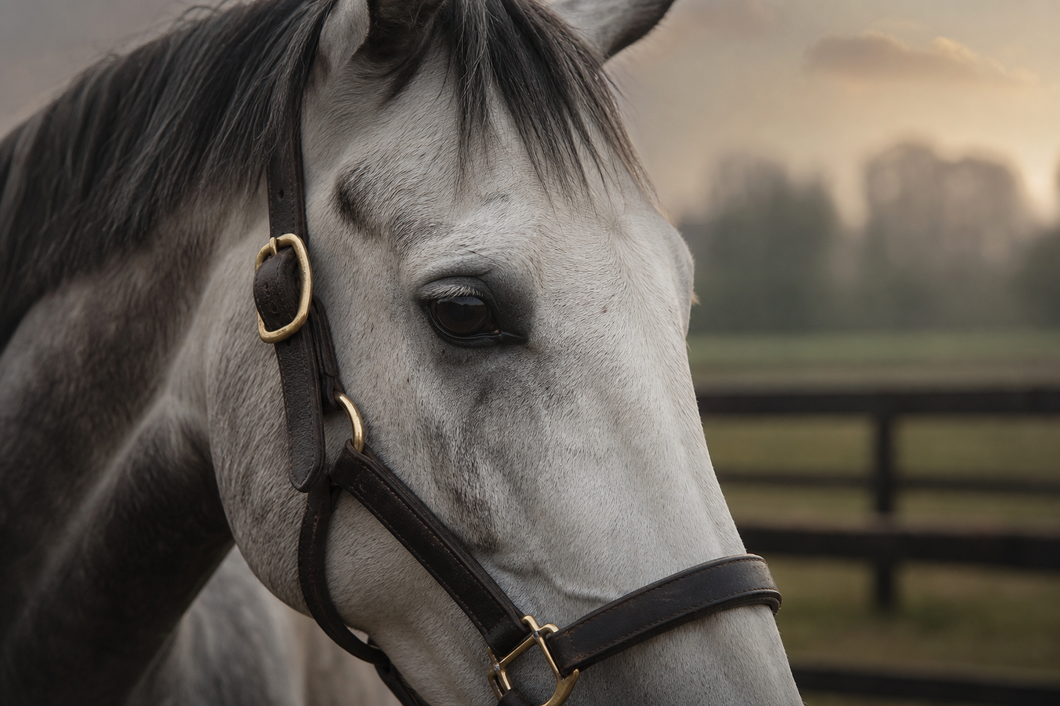 Close portrait of a horse's face with ears pricked forward