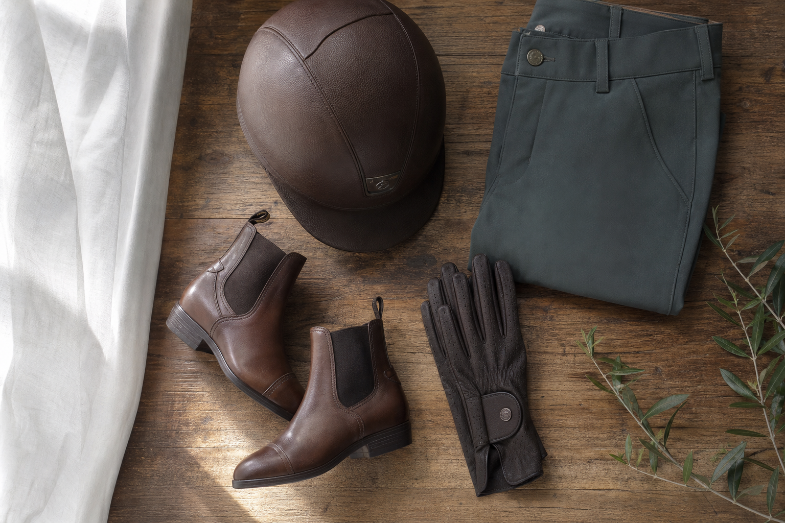 Equestrian riding kit laid out neatly