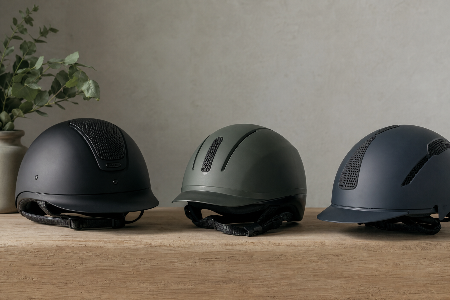 Riding helmets displayed on a wooden shelf